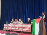 Podium und Verena Rajab (Vorsitzende Palästinakomitee Stuttgart e. V.), Stuttgart, 24.05.2025. Fotograf: Sergej Perelman